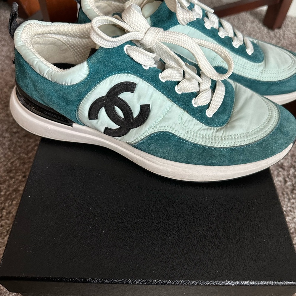 CHANEL Light Green Suede Nylon Sport Sneakers
